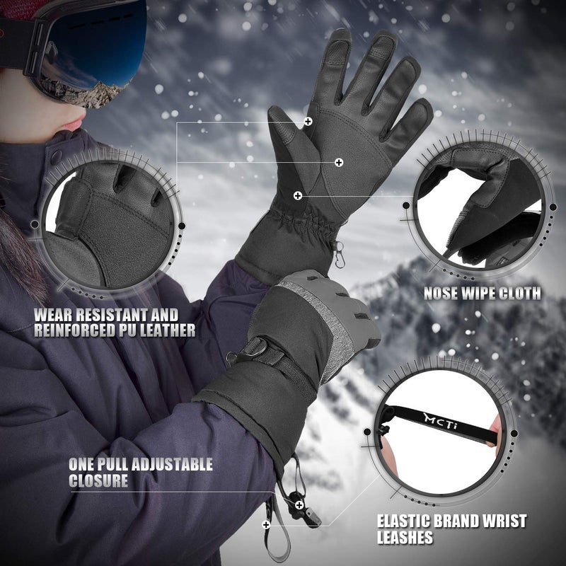 MCTi Ski Gloves,Winter Waterproof Snowboard Snow 3M Thinsulate Warm Touchscreen Cold Weather Women Gloves Wrist Leashes Grey Large - Image 5